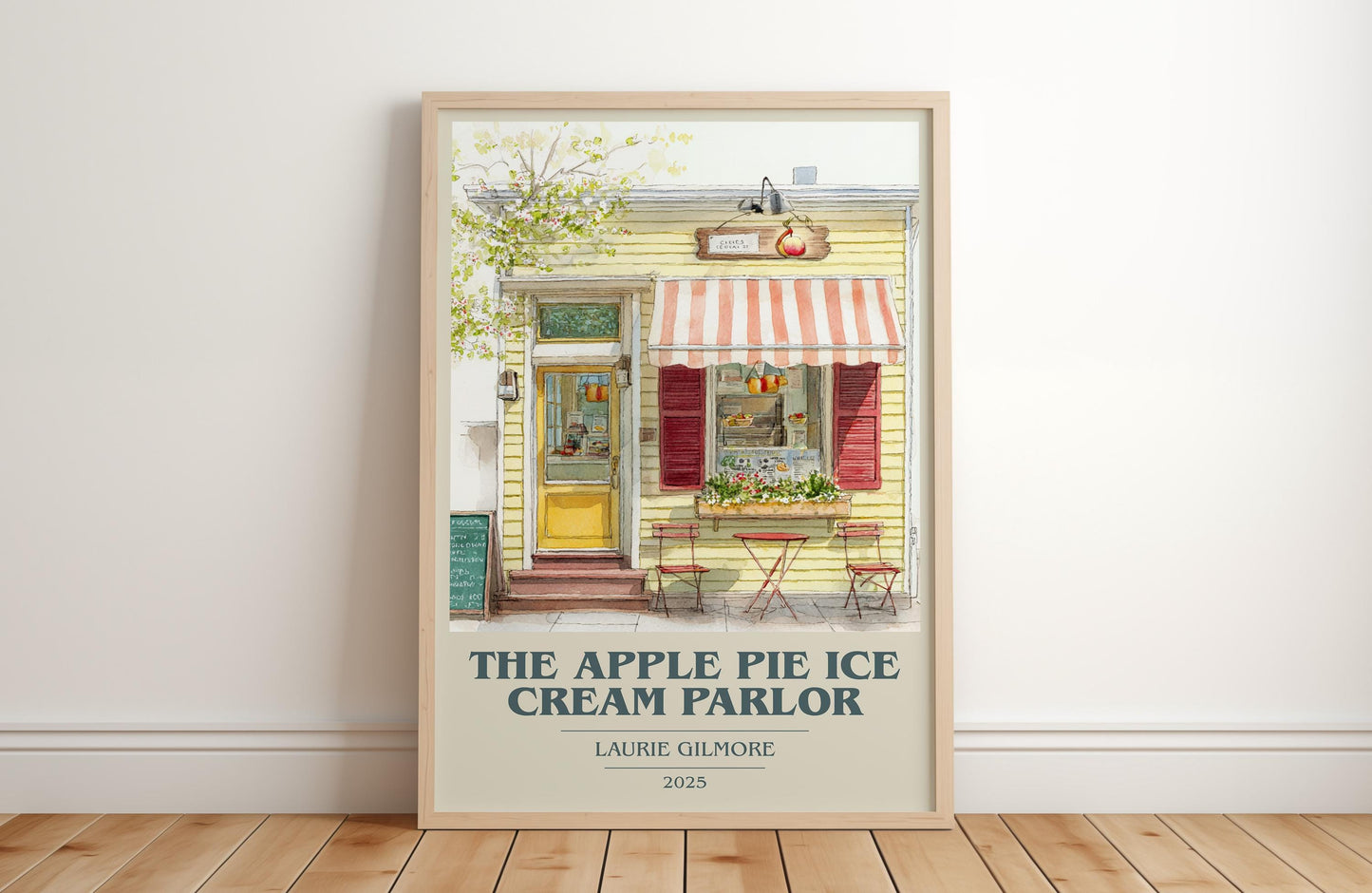 The Apple Pie Ice Cream Parlor book cover print in frame leaning in hallway – romance wall art