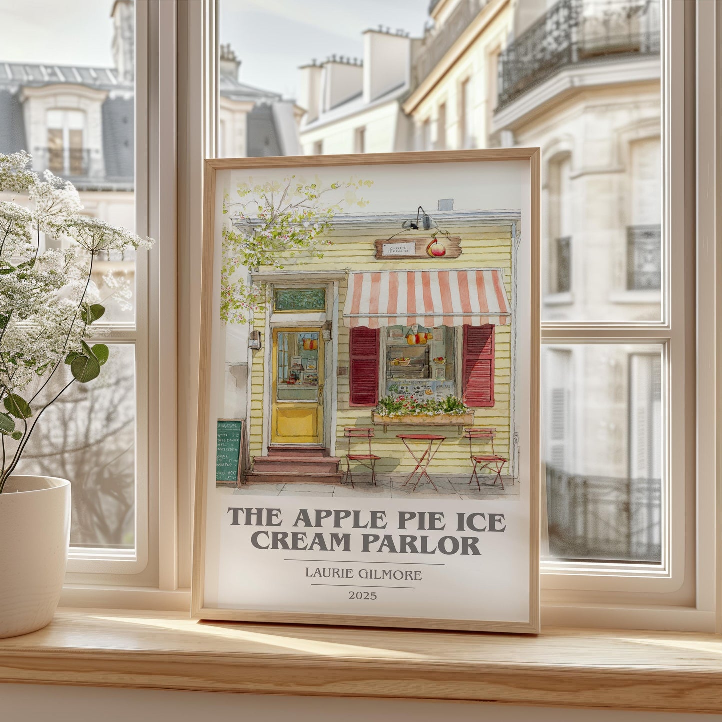 The Apple Pie Ice Cream Parlor book cover print framed by window – literary home decor