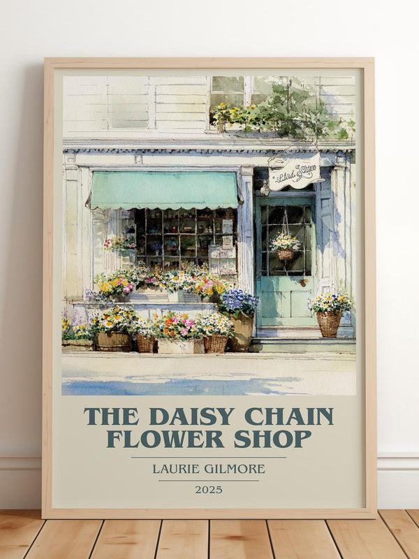 The Daisy Chain Flower Shop book cover print in frame leaning in hallway – romance wall art