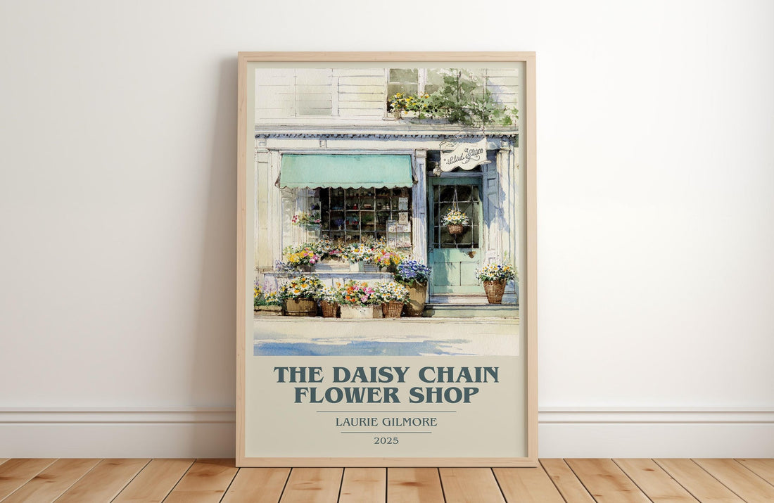 The Daisy Chain Flower Shop book cover print in frame leaning in hallway – romance wall art (mockup)