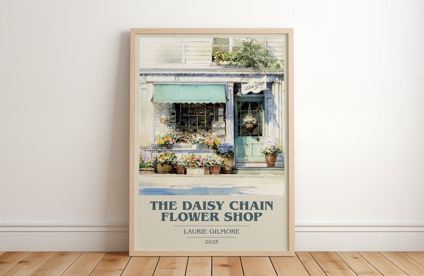 The Daisy Chain Flower Shop book cover print in frame leaning in hallway – romance wall art