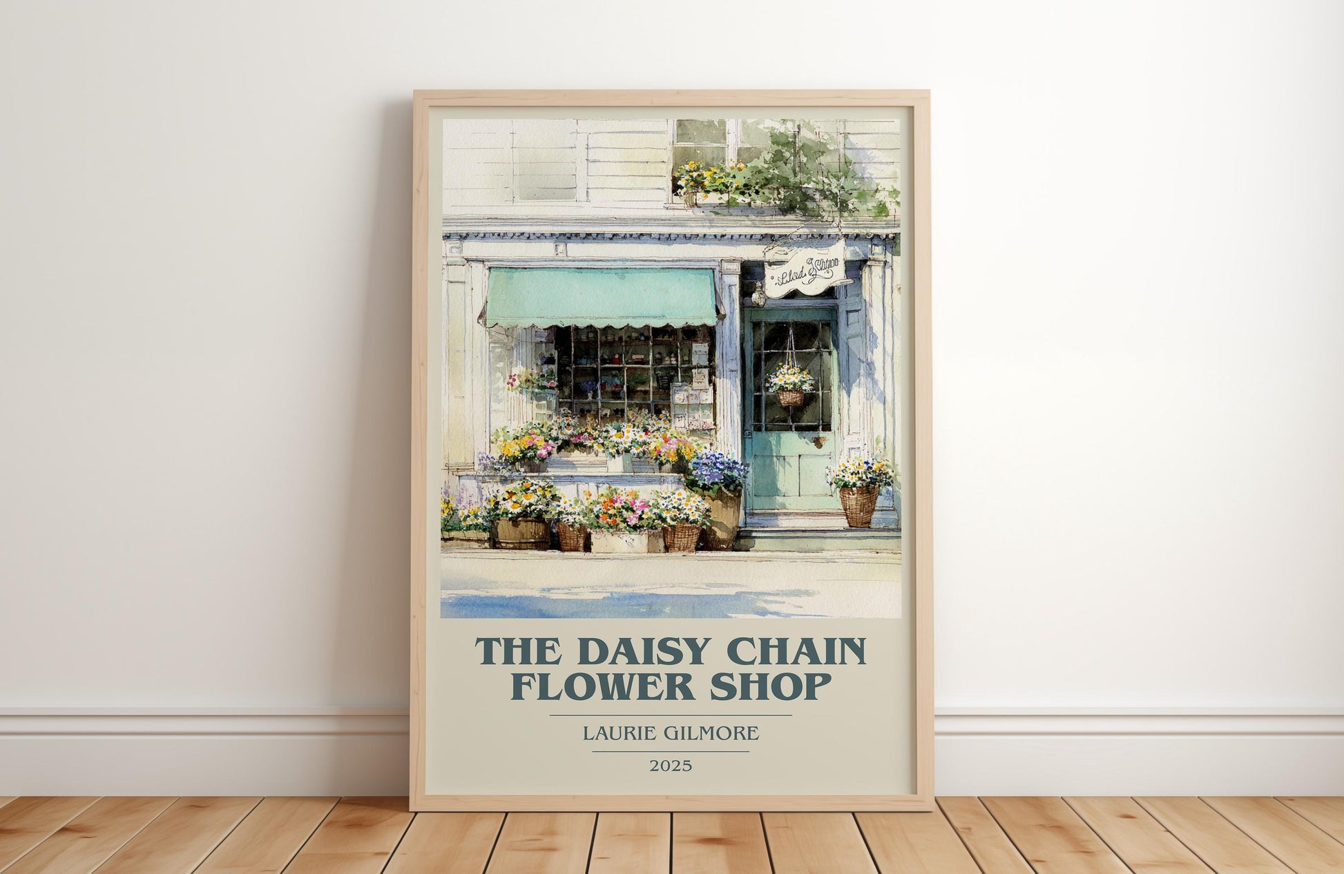 The Daisy Chain Flower Shop book cover print in frame leaning in hallway – romance wall art