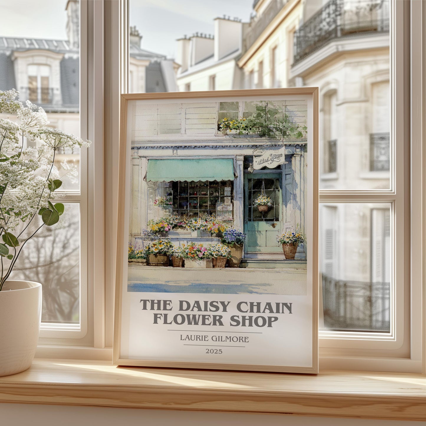 The Daisy Chain Flower Shop book cover print framed by window – literary home decor