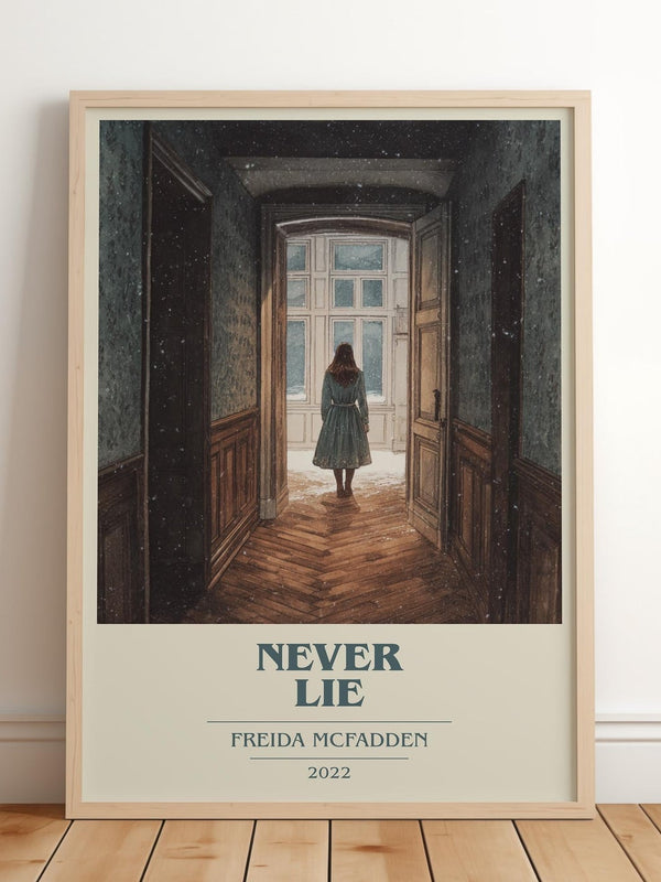 Never Lie book cover print in frame leaning in hallway – romance wall art