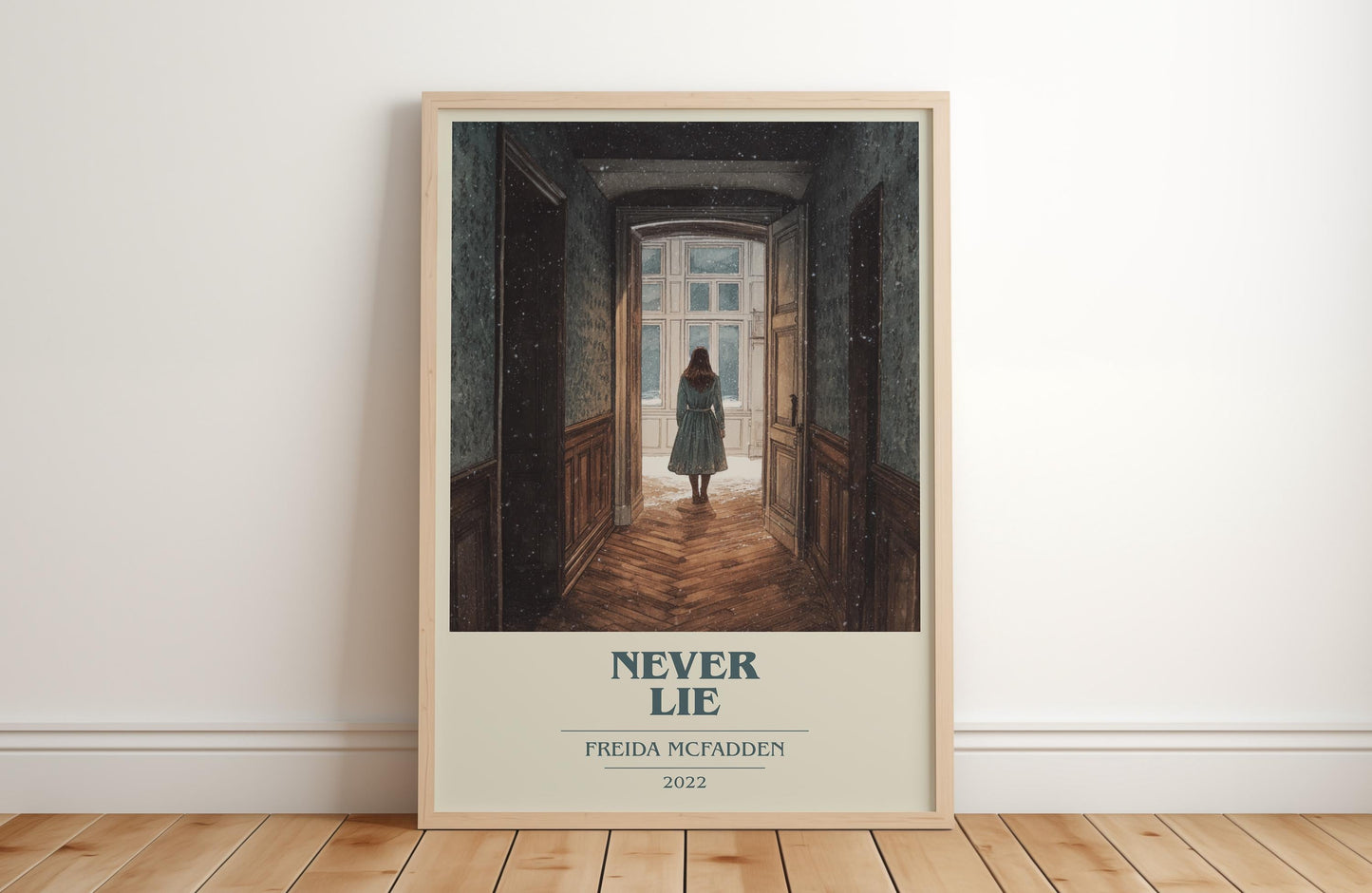 Never Lie book cover print in frame leaning in hallway – romance wall art