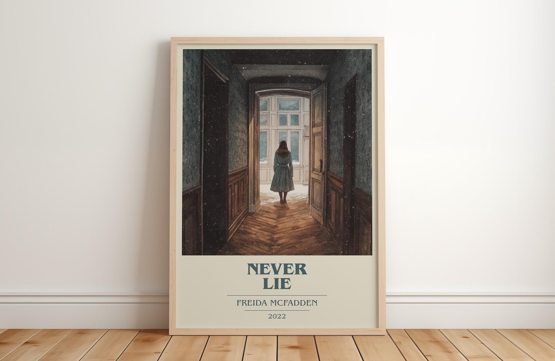 Never Lie book cover print in frame leaning in hallway – romance wall art