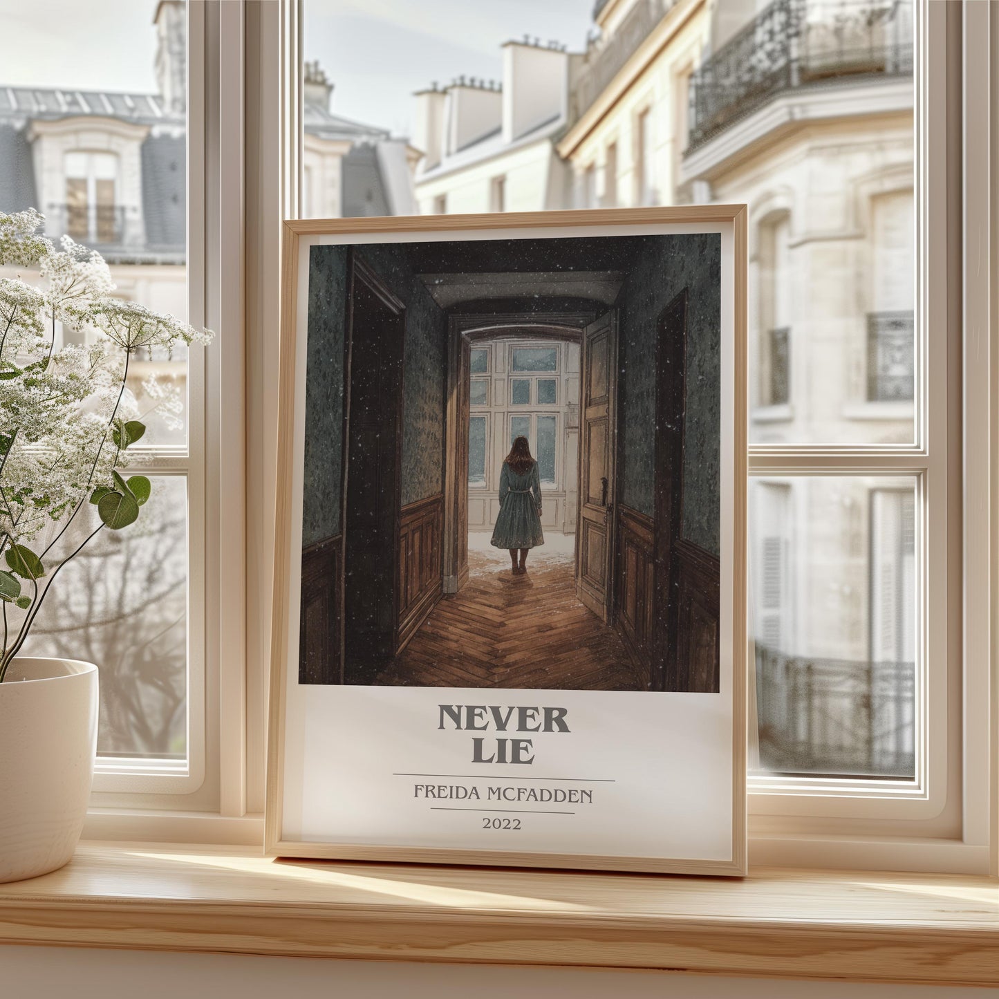 Never Lie book cover print framed by window – literary home decor