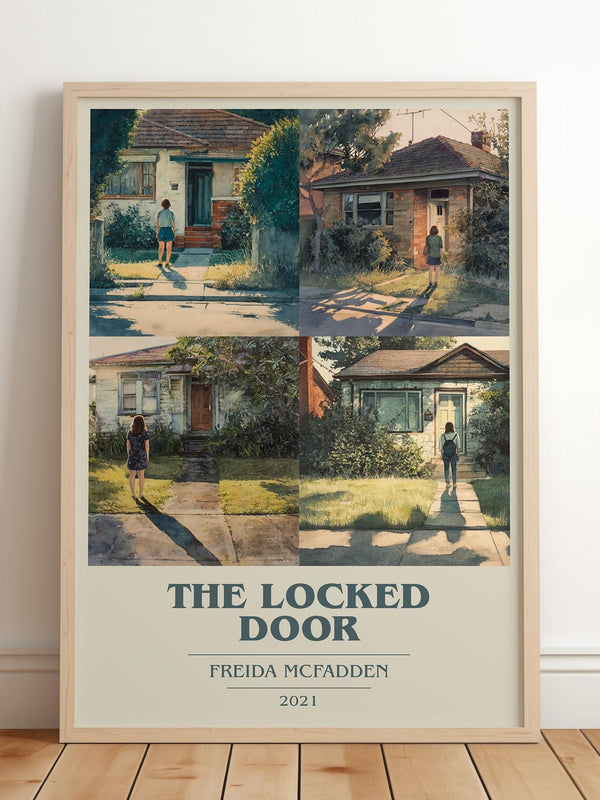 The Locked Door book cover print in frame leaning in hallway – thriller wall art