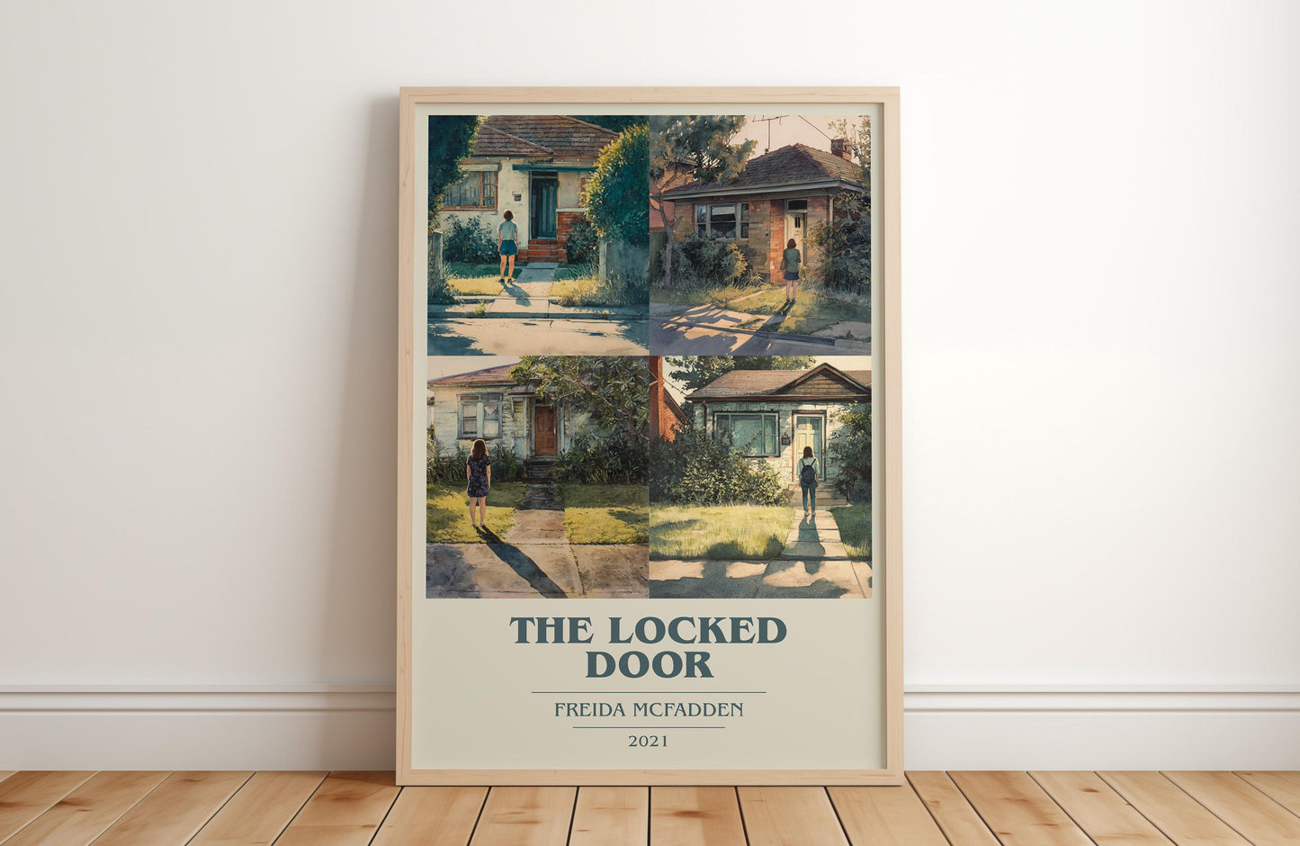 The Locked Door book cover print in frame leaning in hallway – thriller wall art