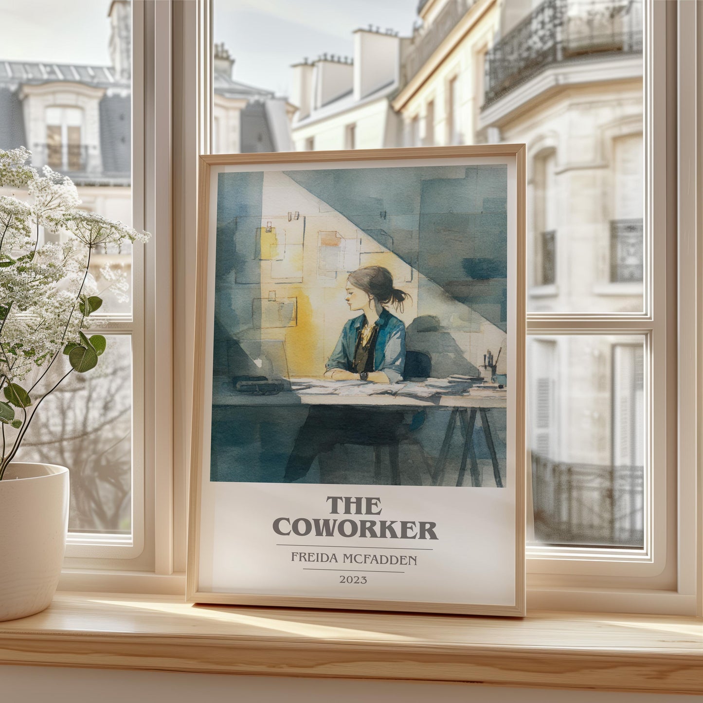 The Coworker book cover print framed by window – literary home decor