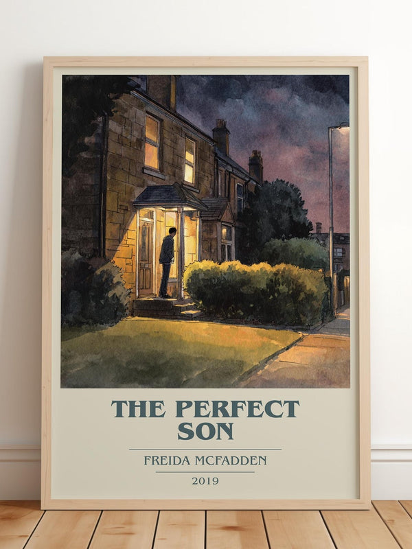 The Perfect Son book cover print in frame leaning in hallway – thriller wall art