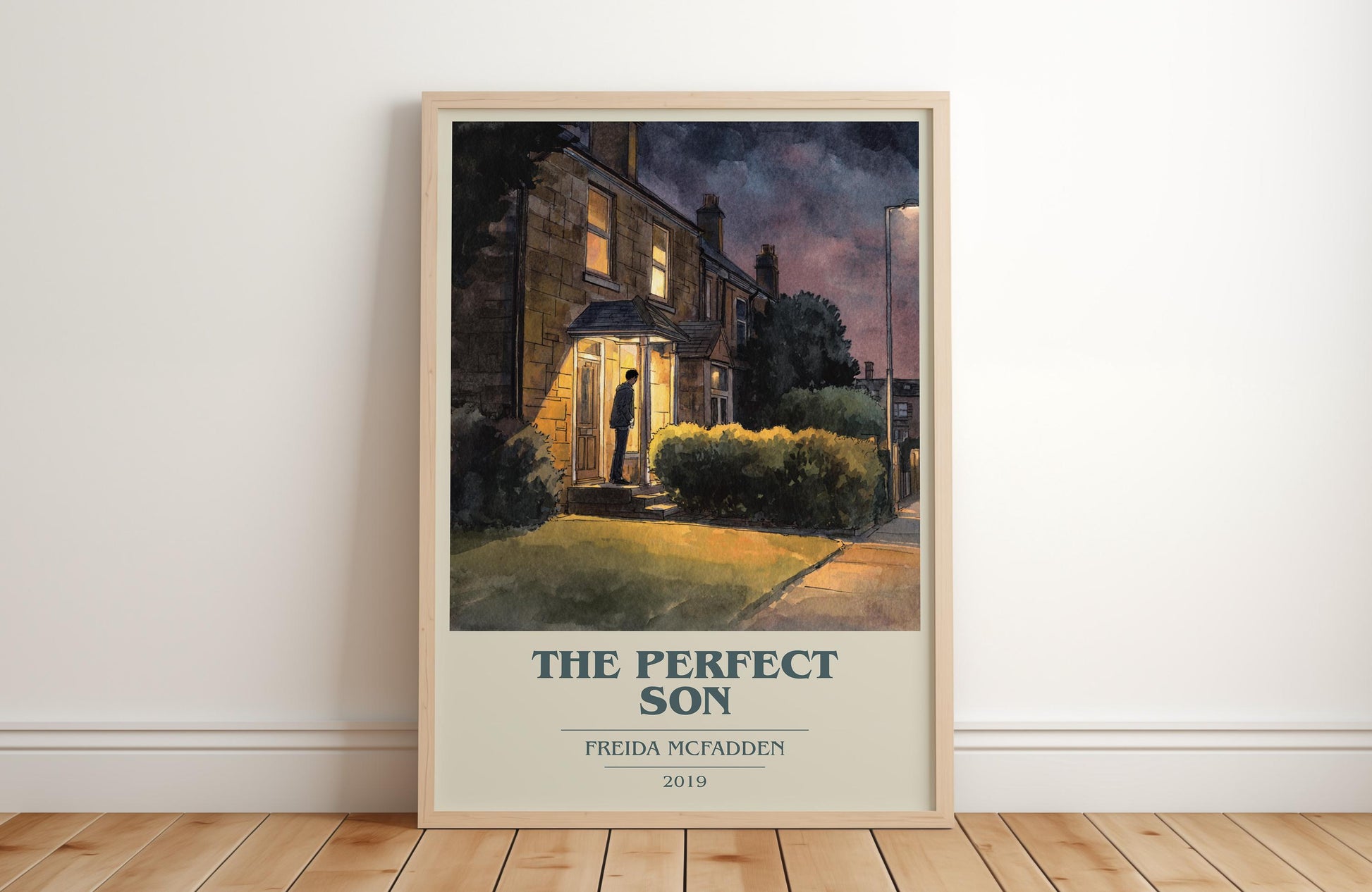 The Perfect Son book cover print in frame leaning in hallway – thriller wall art