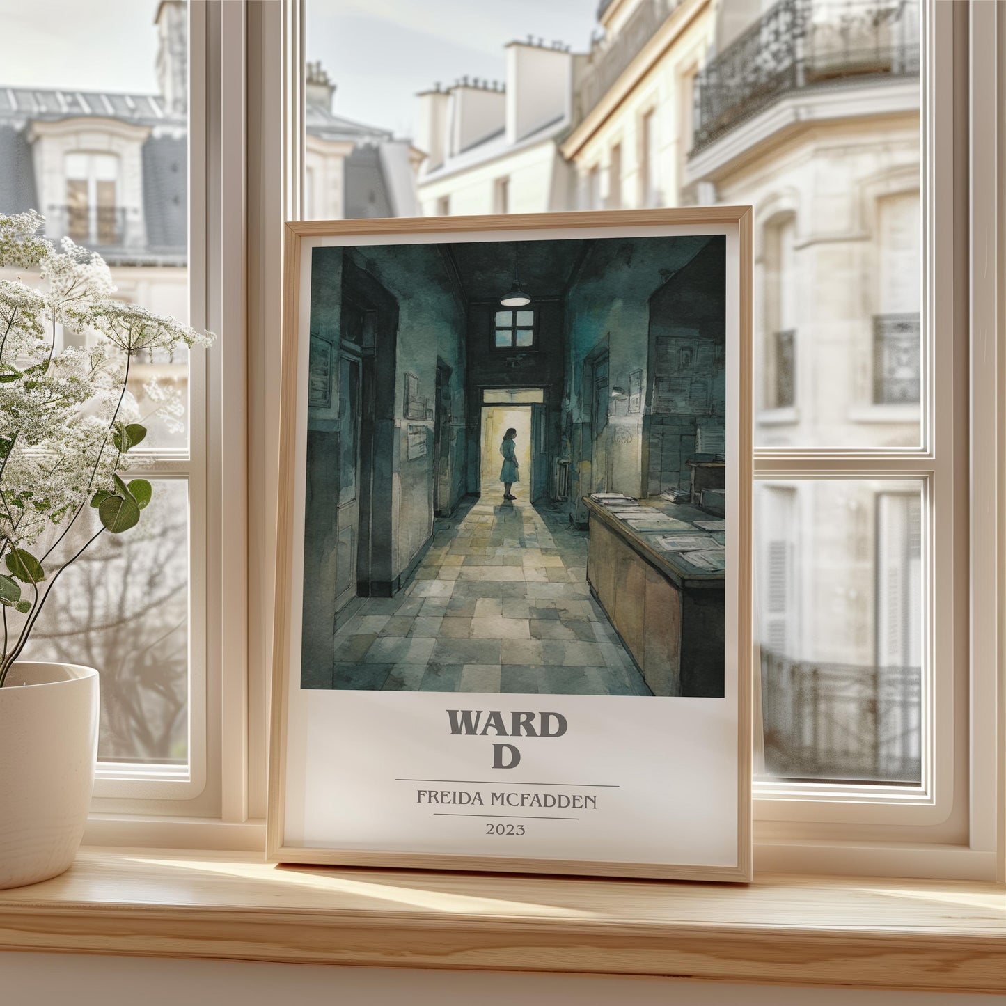 Ward D book cover print framed by window – literary home decor