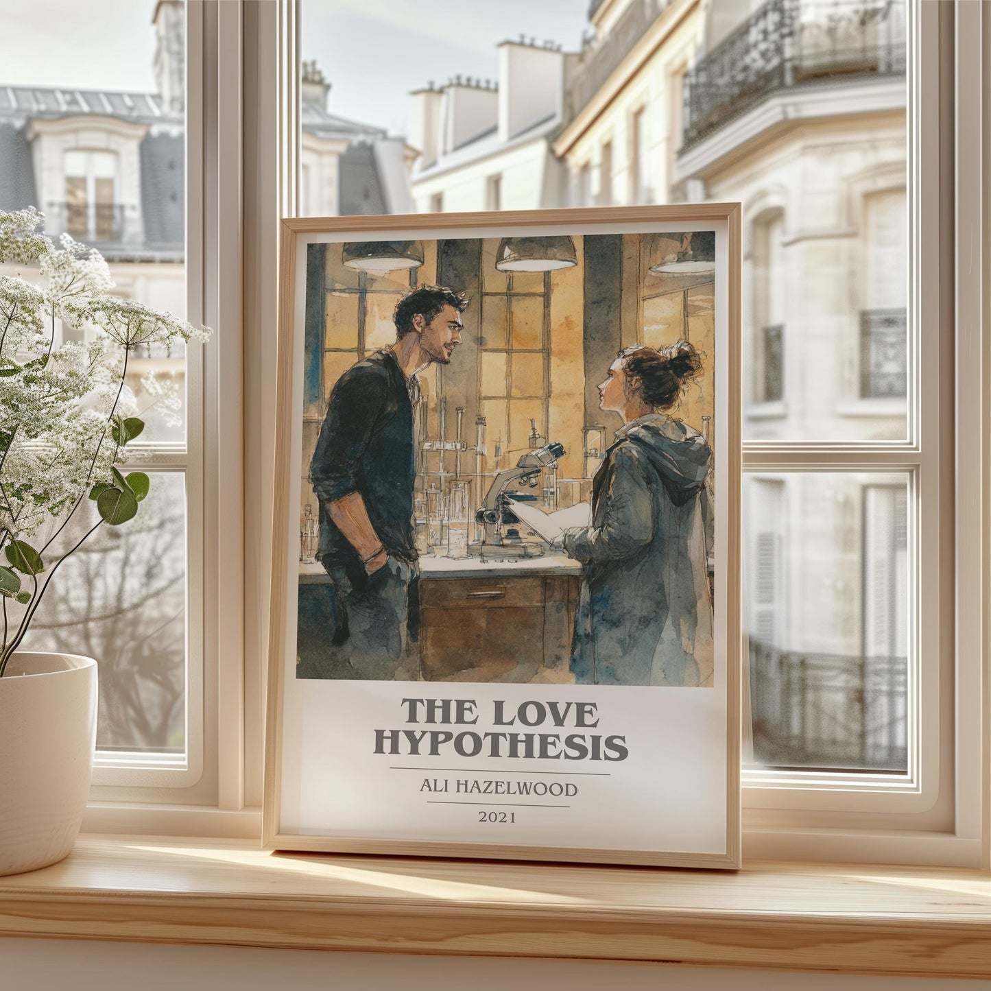 The Love Hypothesis book cover print framed by window – literary home decor