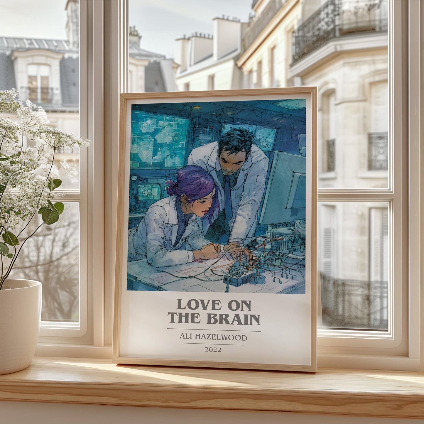 Love on the Brain book cover print framed by window – literary home decor