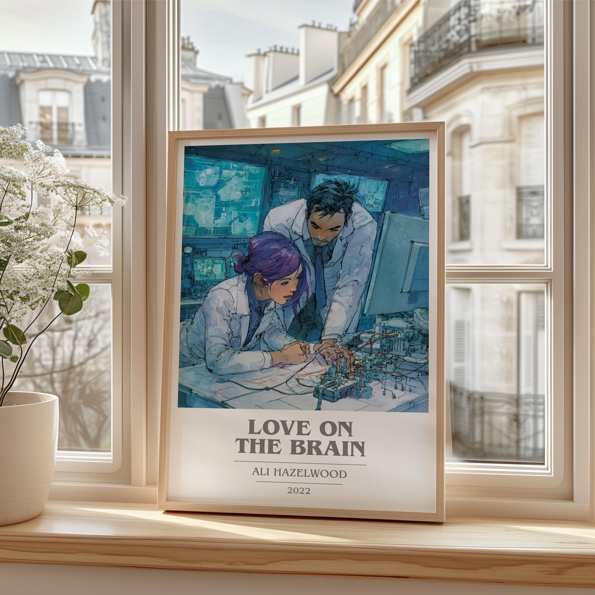 Love on the Brain book cover print framed by window – literary home decor