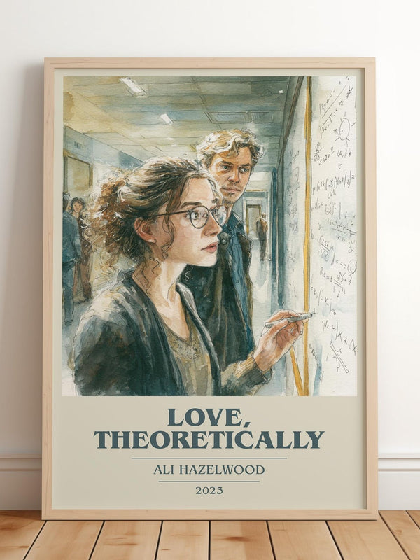 Love, Theoretically book cover print in frame leaning in hallway – romance wall art