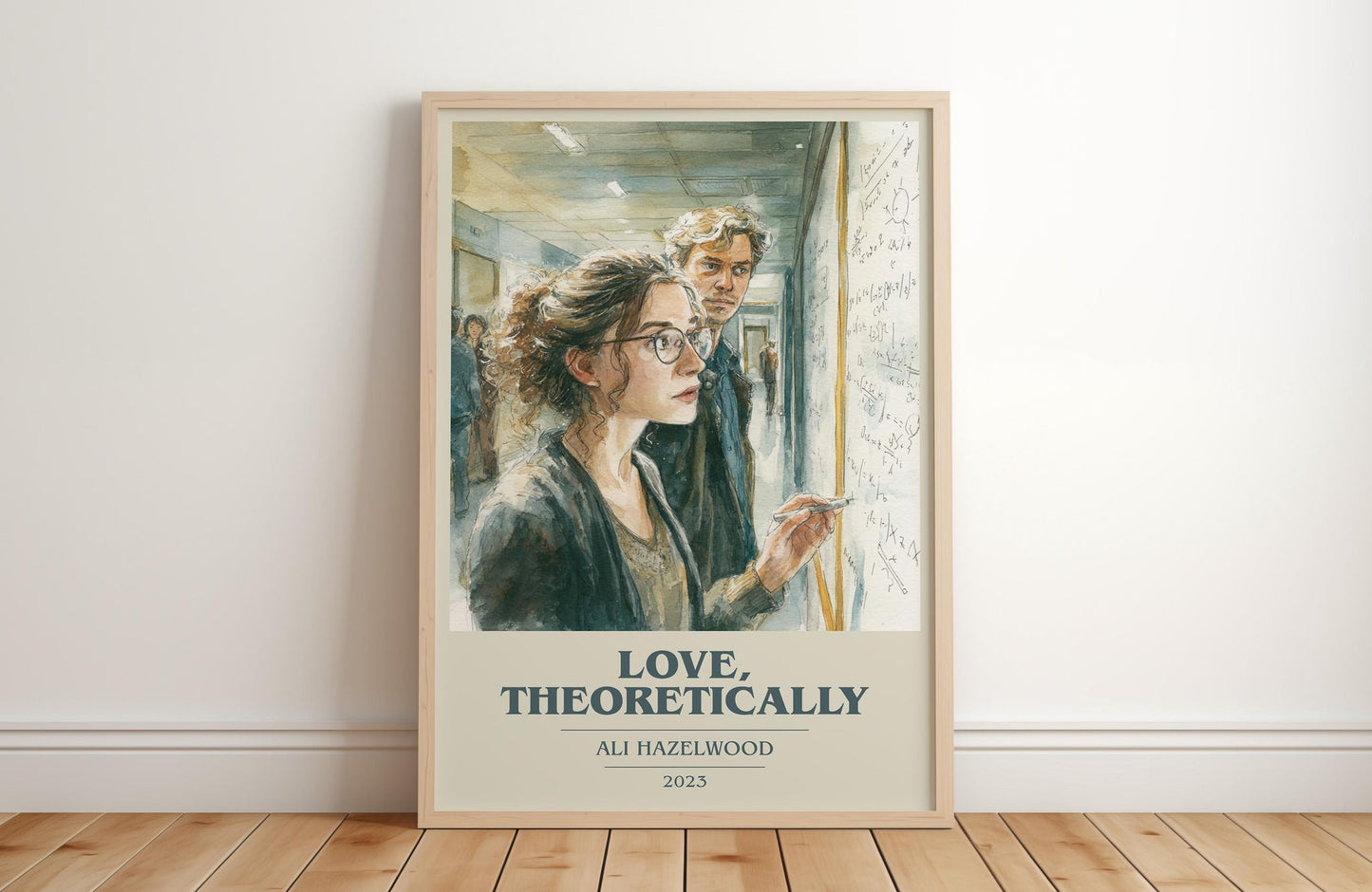 Love, Theoretically book cover print in frame leaning in hallway – romance wall art