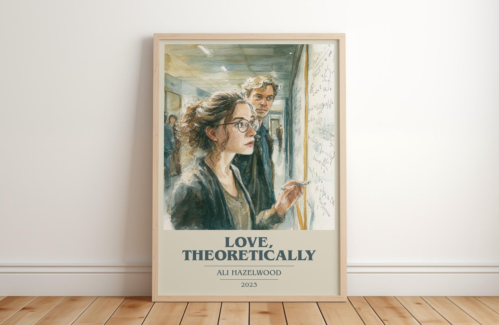 Love, Theoretically book cover print in frame leaning in hallway – romance wall art