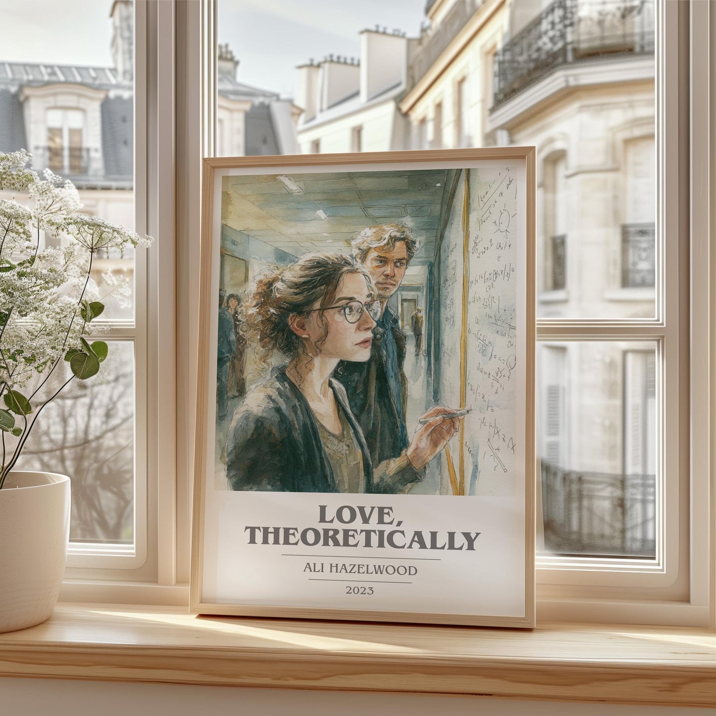 Love, Theoretically book cover print framed by window – literary home decor