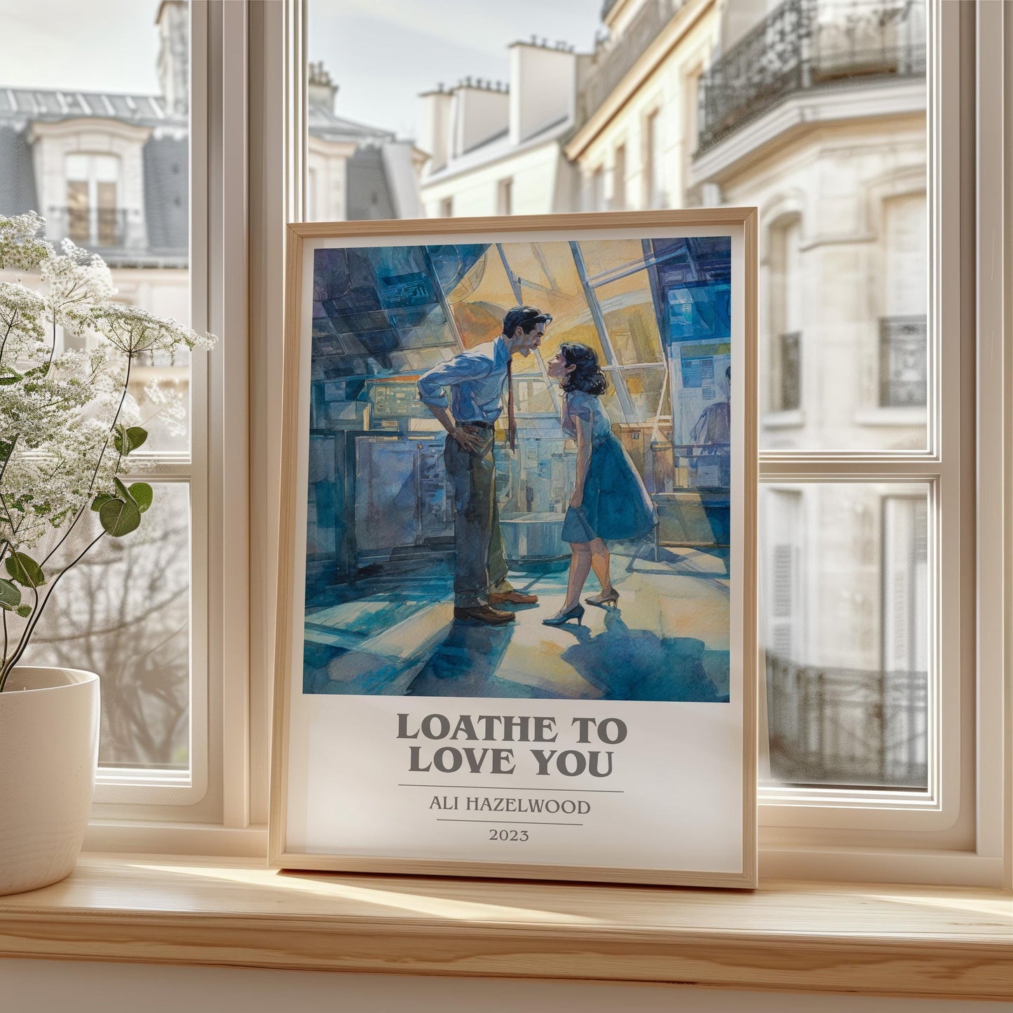 Loathe to Love You book cover print framed by window – literary home decor