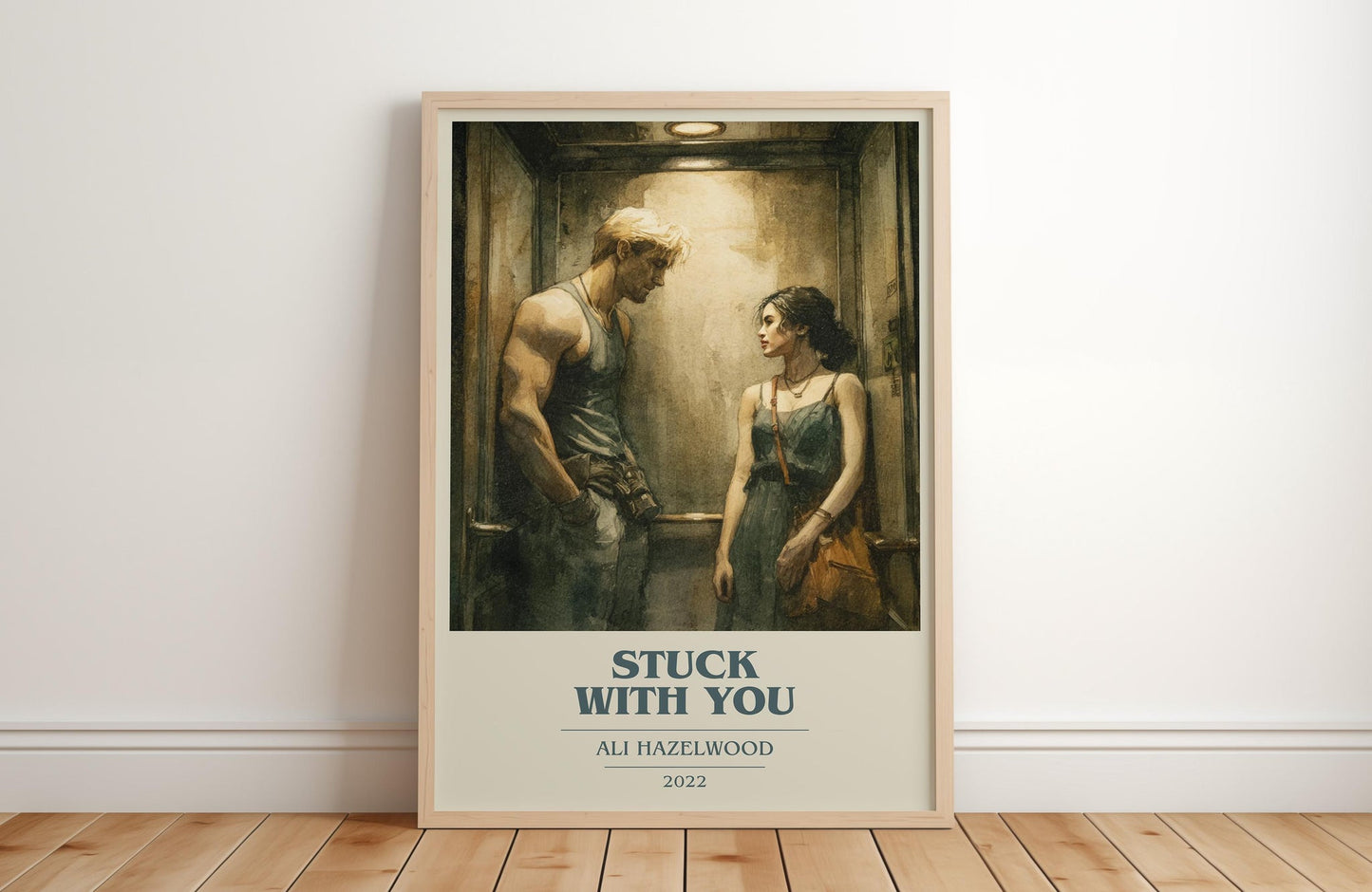 Stuck with You book cover print in frame leaning in hallway – romance wall art