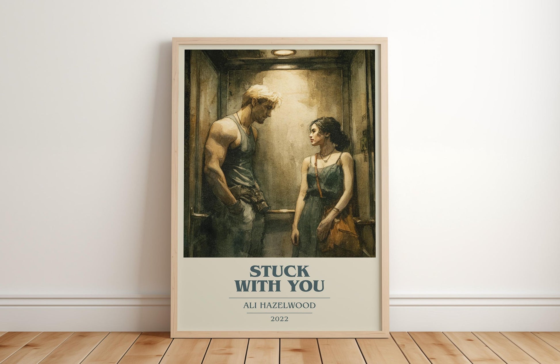 Stuck with You book cover print in frame leaning in hallway – romance wall art