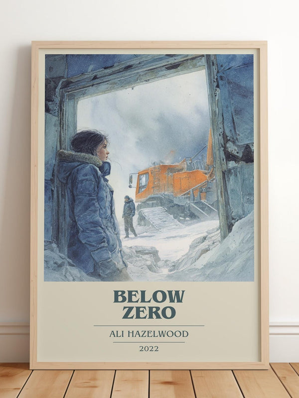 Below Zero book cover print in frame leaning in hallway – romance wall art