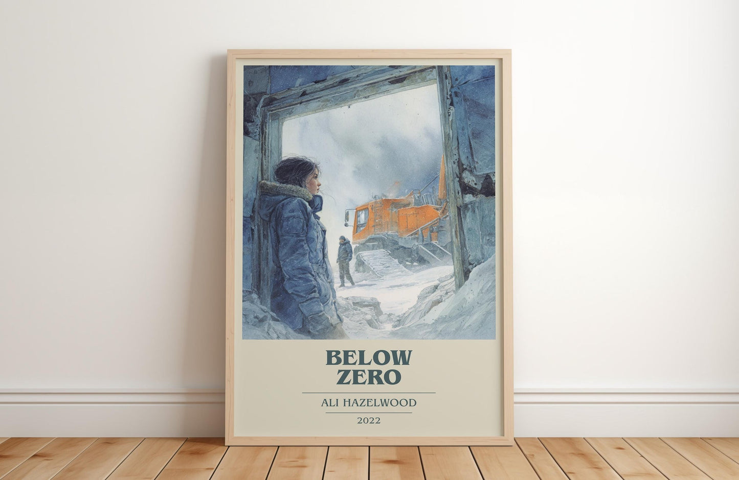 Below Zero book cover print in frame leaning in hallway – romance wall art