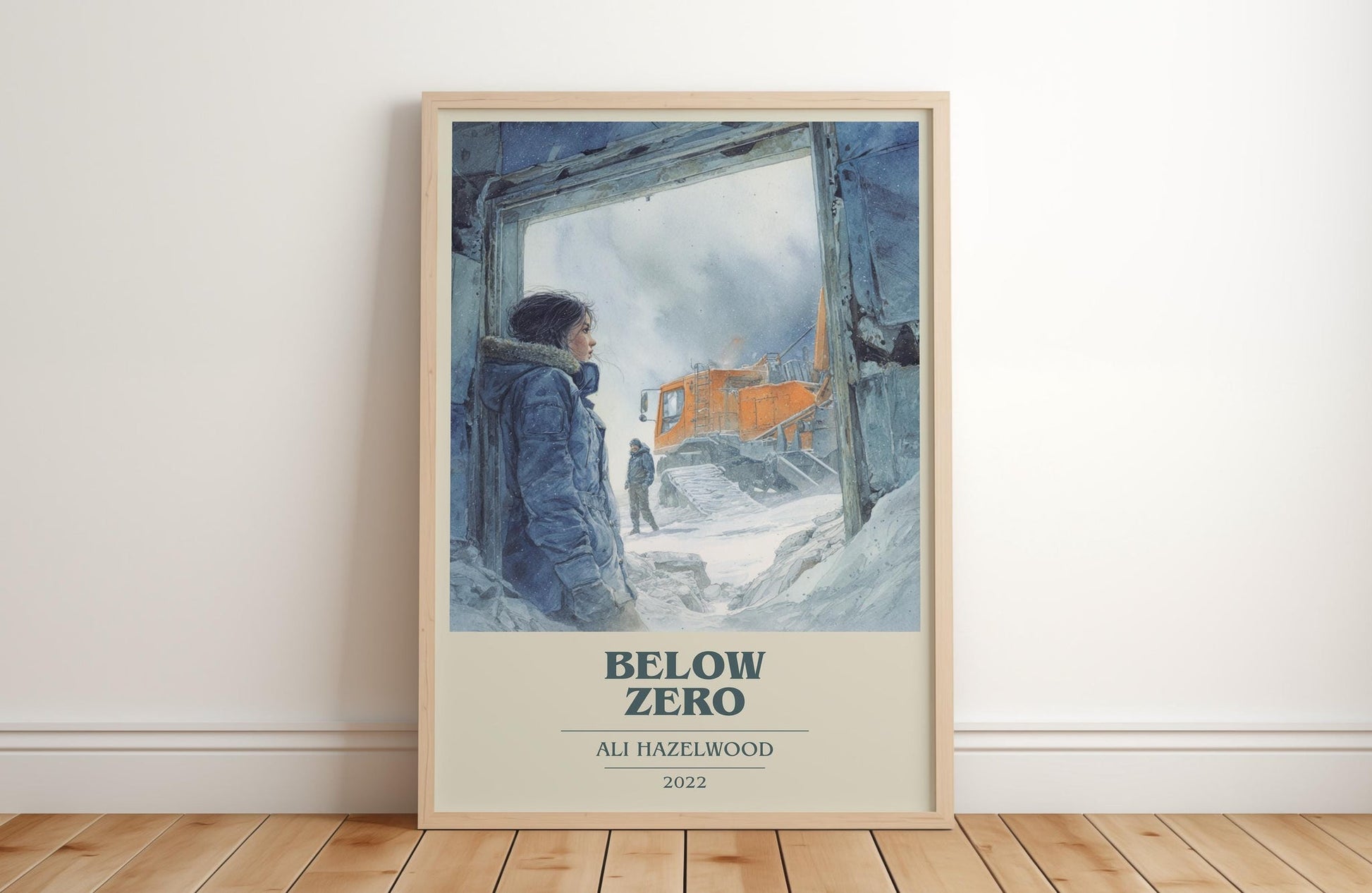 Below Zero book cover print in frame leaning in hallway – romance wall art