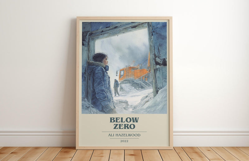 Below Zero book cover print in frame leaning in hallway – romance wall art