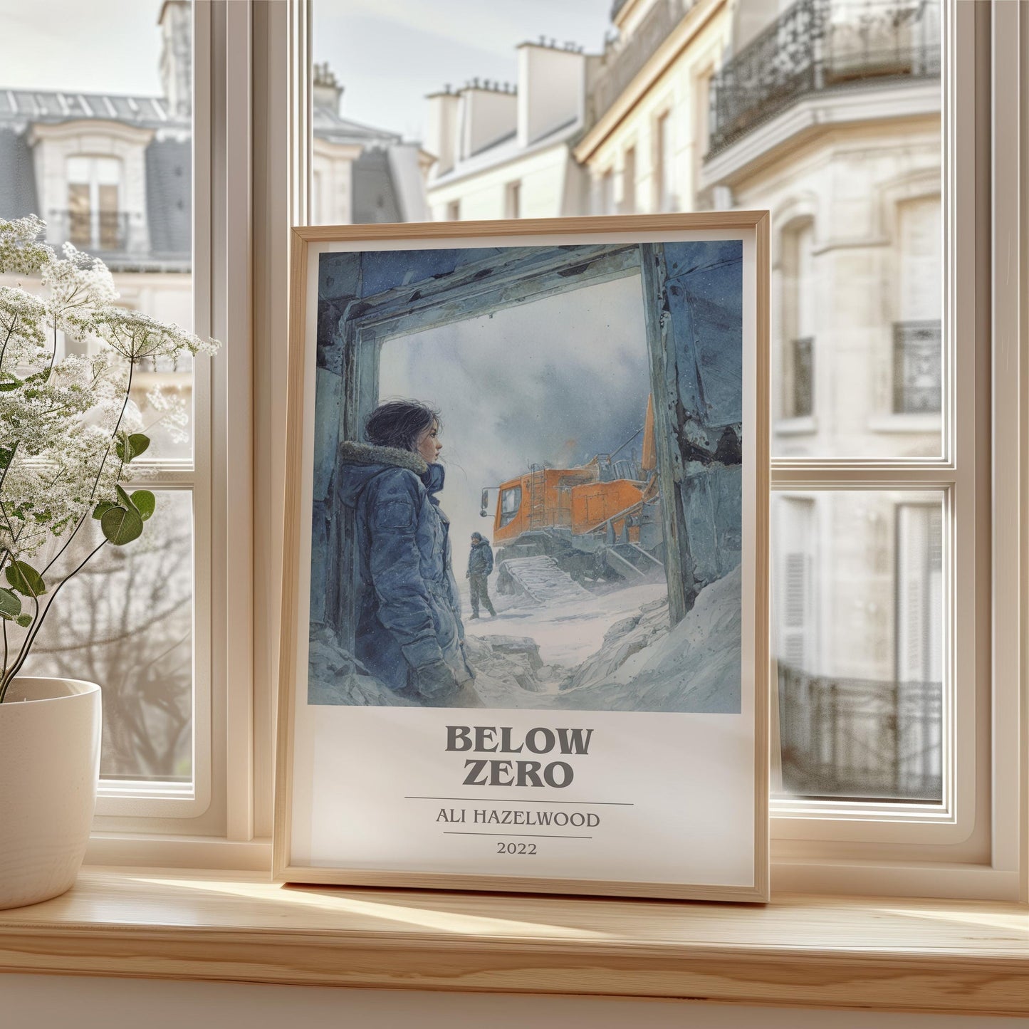 Below Zero book cover print framed by window – literary home decor