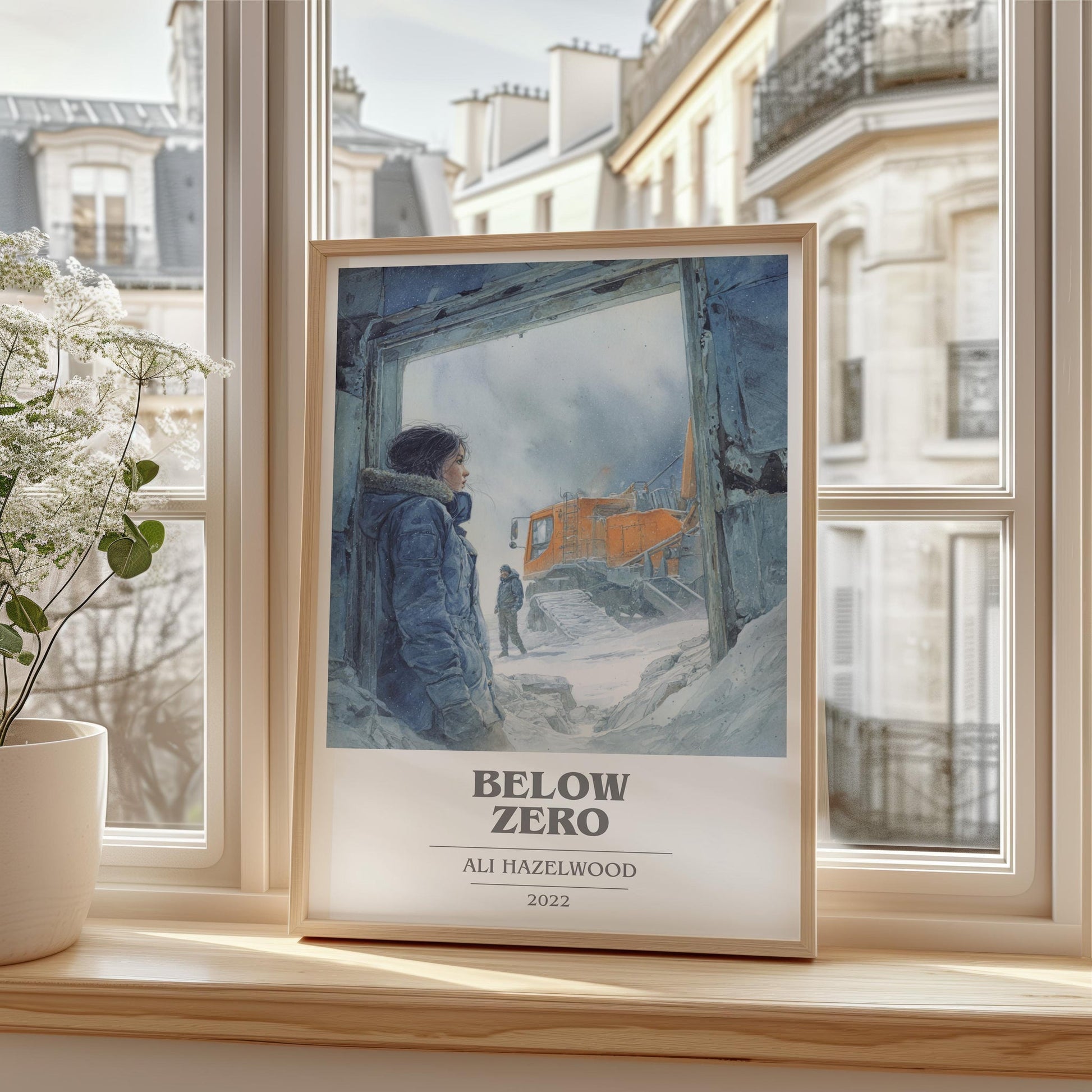 Below Zero book cover print framed by window – literary home decor