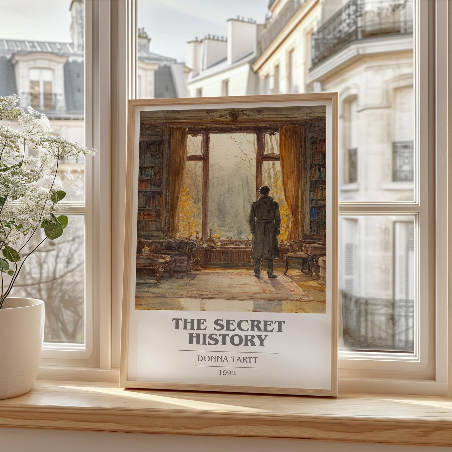 The Secret History book cover print framed by window – literary home decor