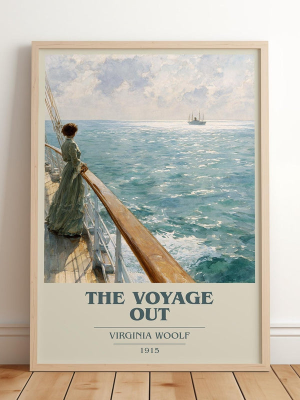 The Voyage Out book cover print in frame leaning in hallway – mystery wall art