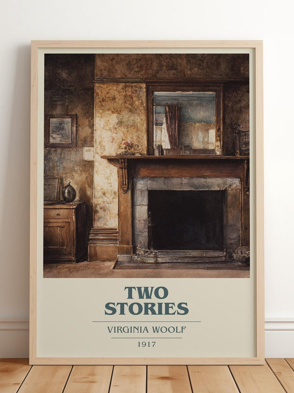 Two Stories book cover print in frame leaning in hallway – classic literature wall art
