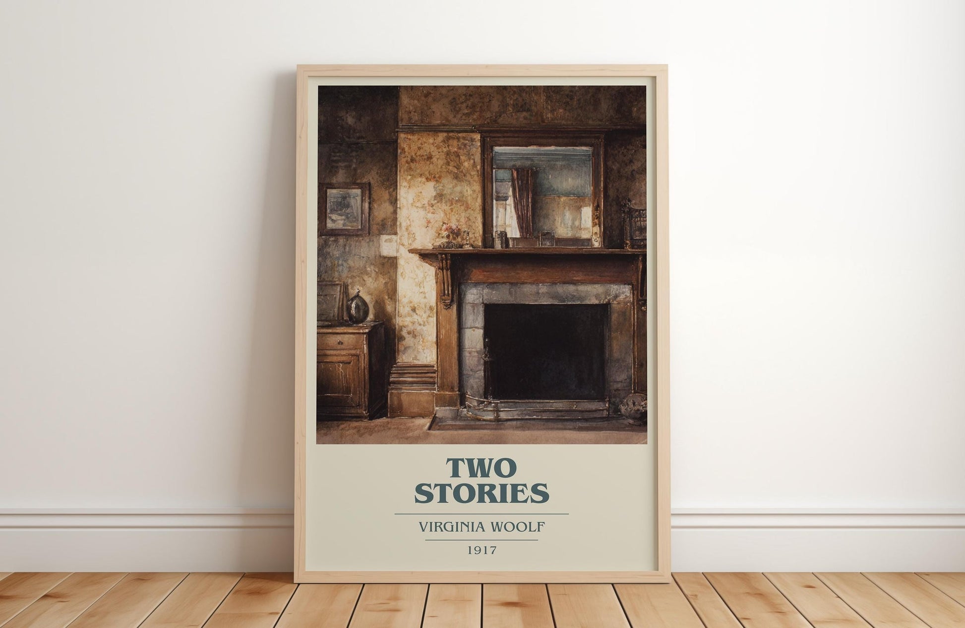 Two Stories book cover print in frame leaning in hallway – classic literature wall art