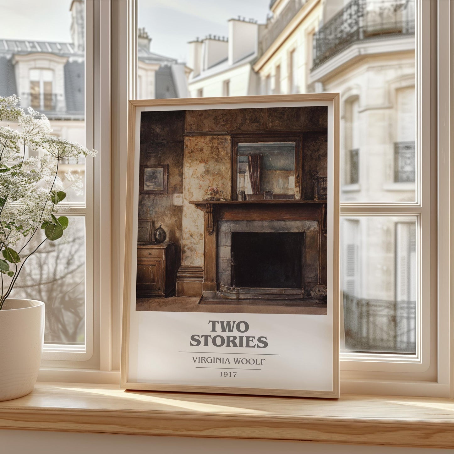 Two Stories book cover print framed by window – literary home decor