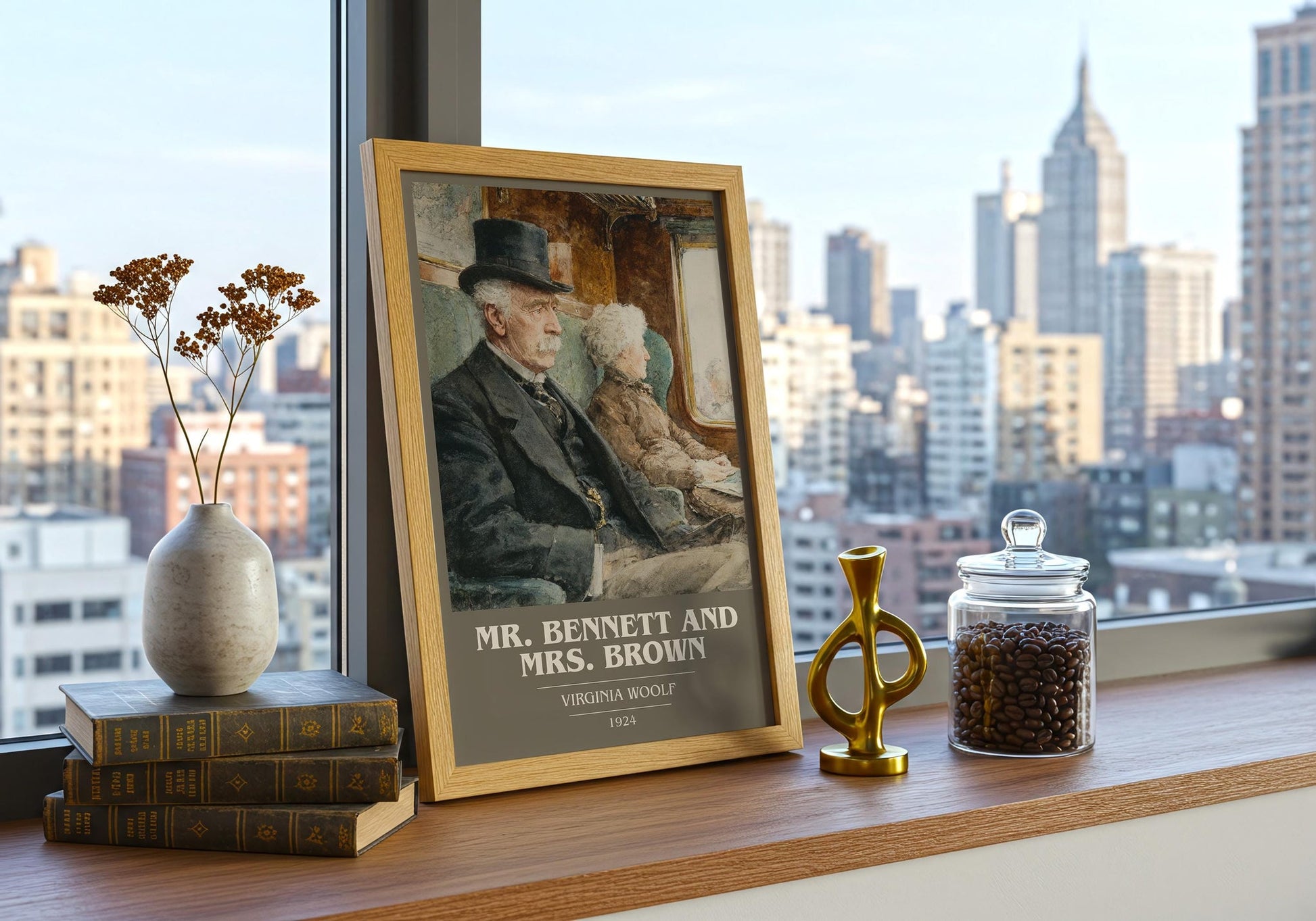 Mr. Bennett and Mrs. Brown book cover print framed by window – literary home decor