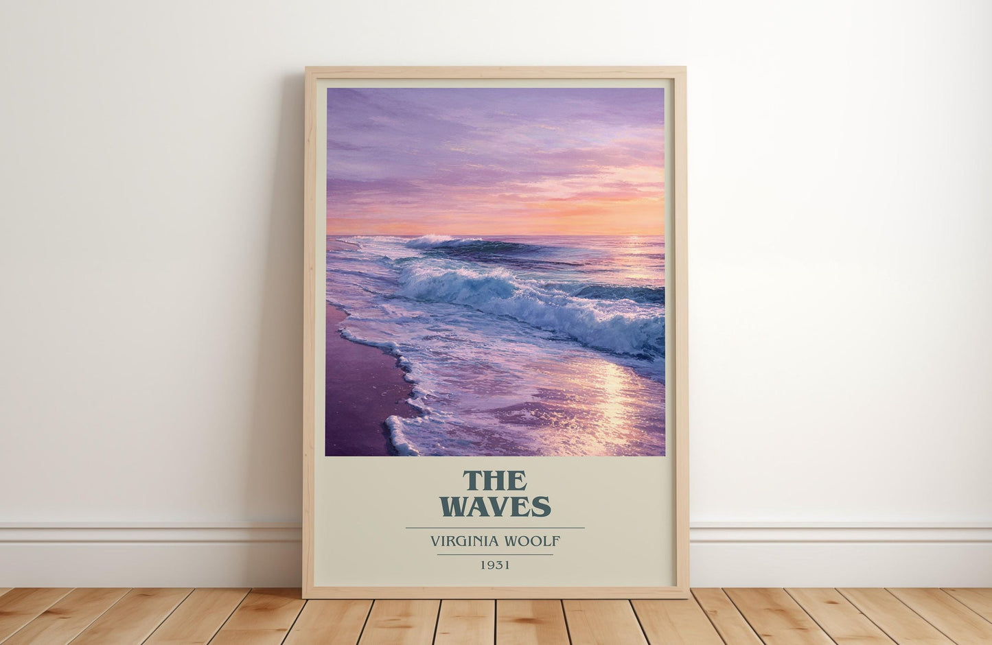 The Waves book cover print in frame leaning in hallway – non fiction wall art