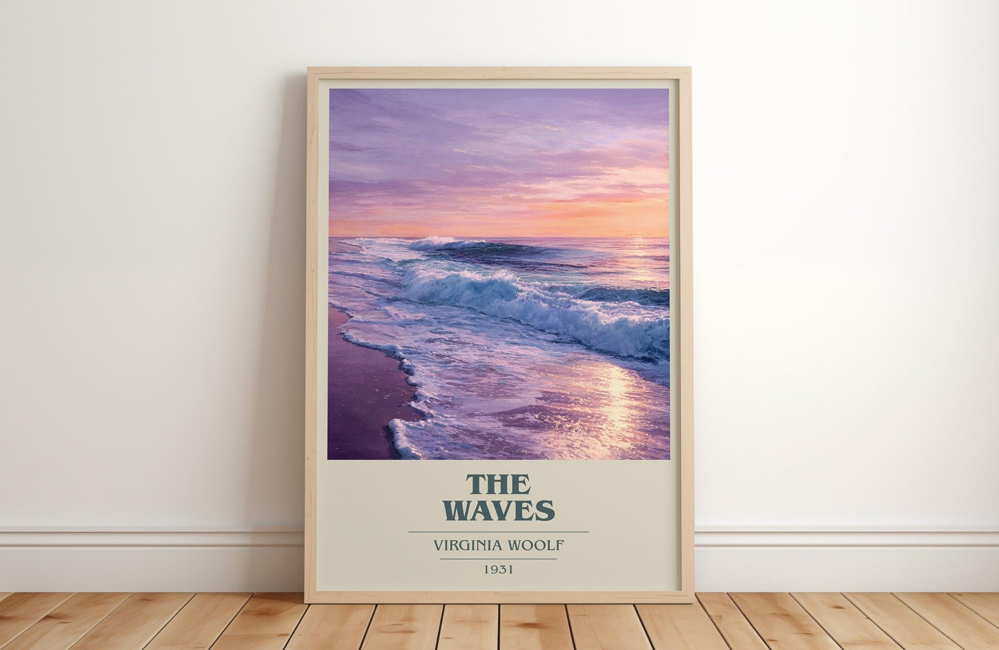 The Waves book cover print in frame leaning in hallway – non fiction wall art