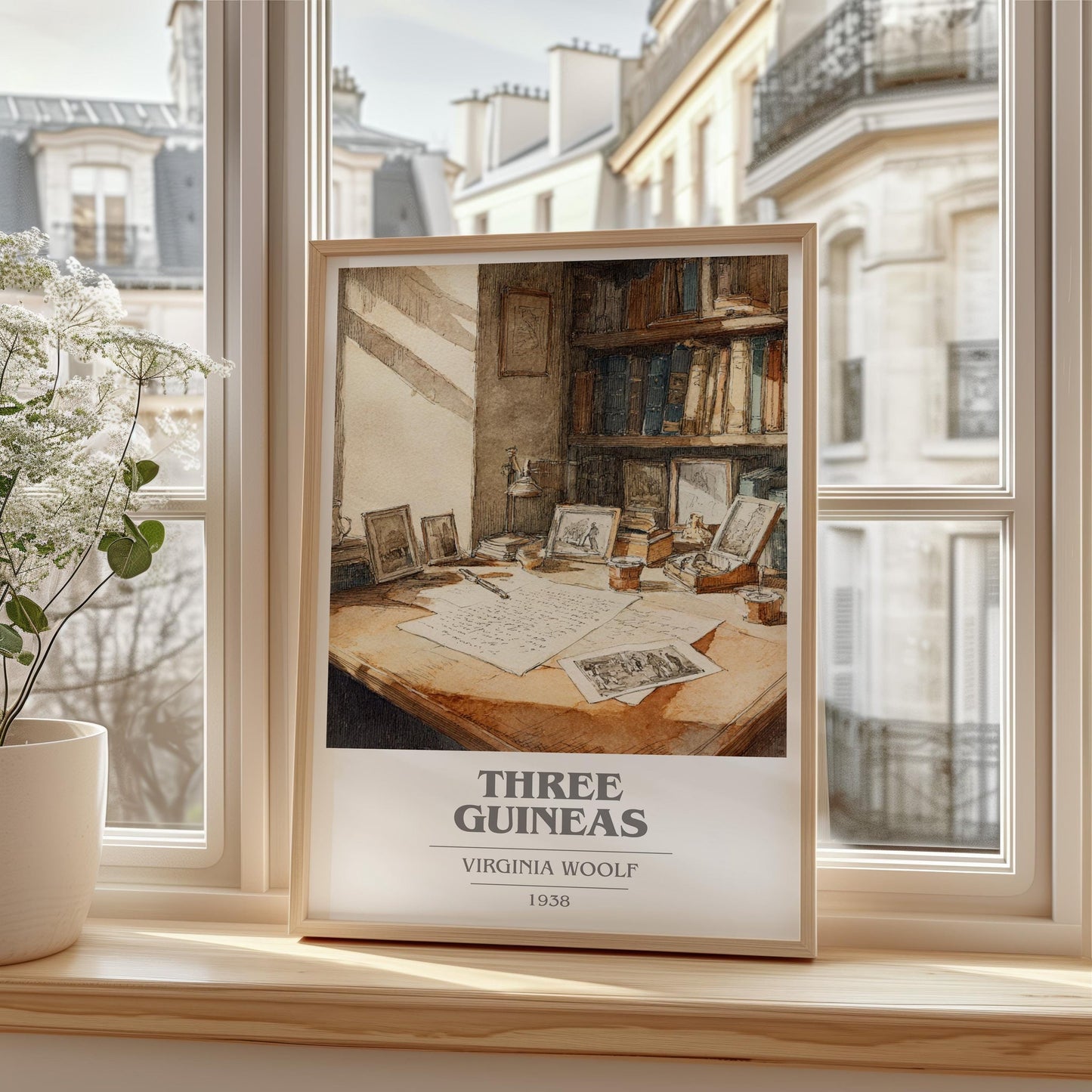 Three Guineas book cover print framed by window – literary home decor