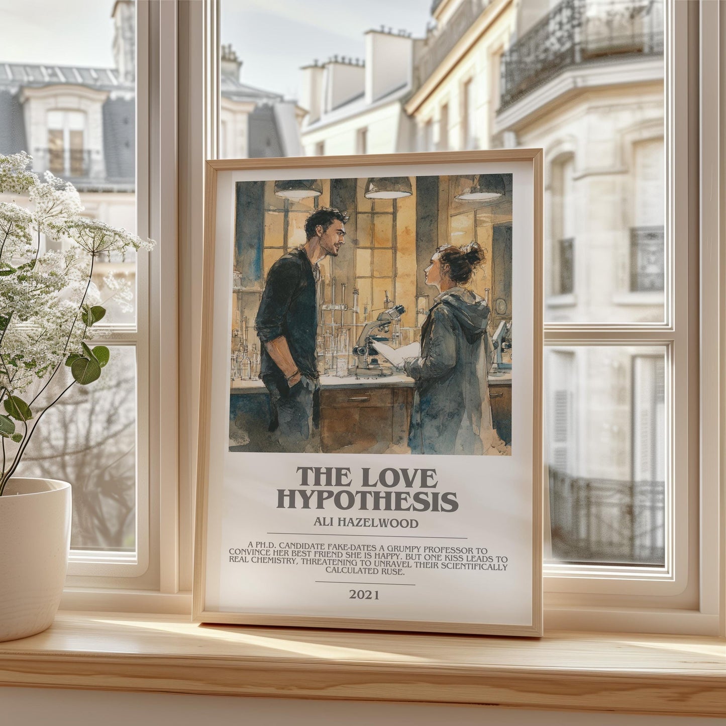 The Love Hypothesis bookish print framed by window – literary home decor
