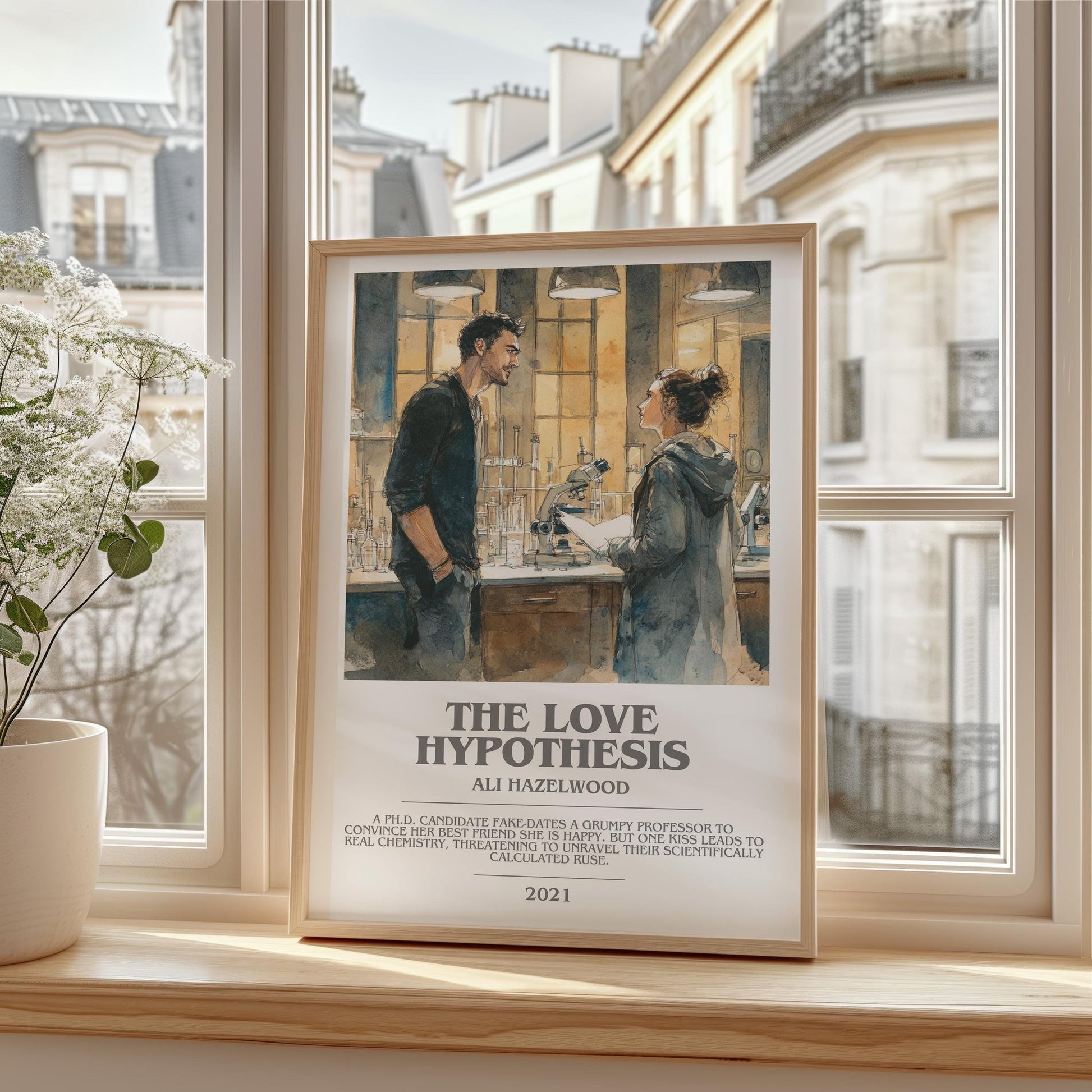 The Love Hypothesis bookish print framed by window – literary home decor