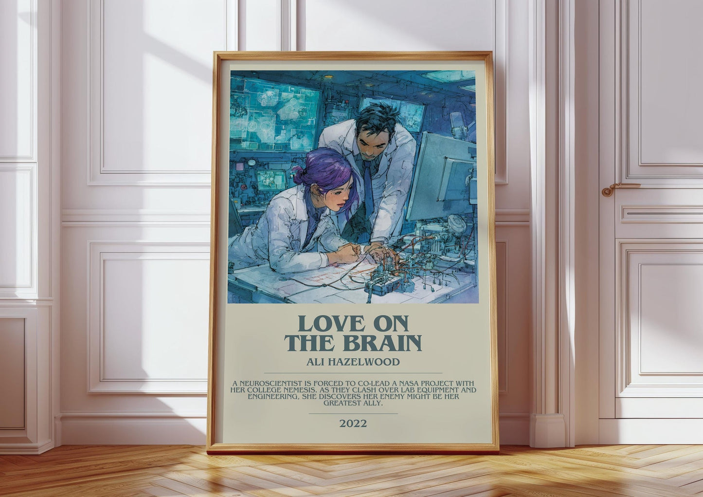 Love on the Brain bookish print in frame leaning in hallway – romance wall art