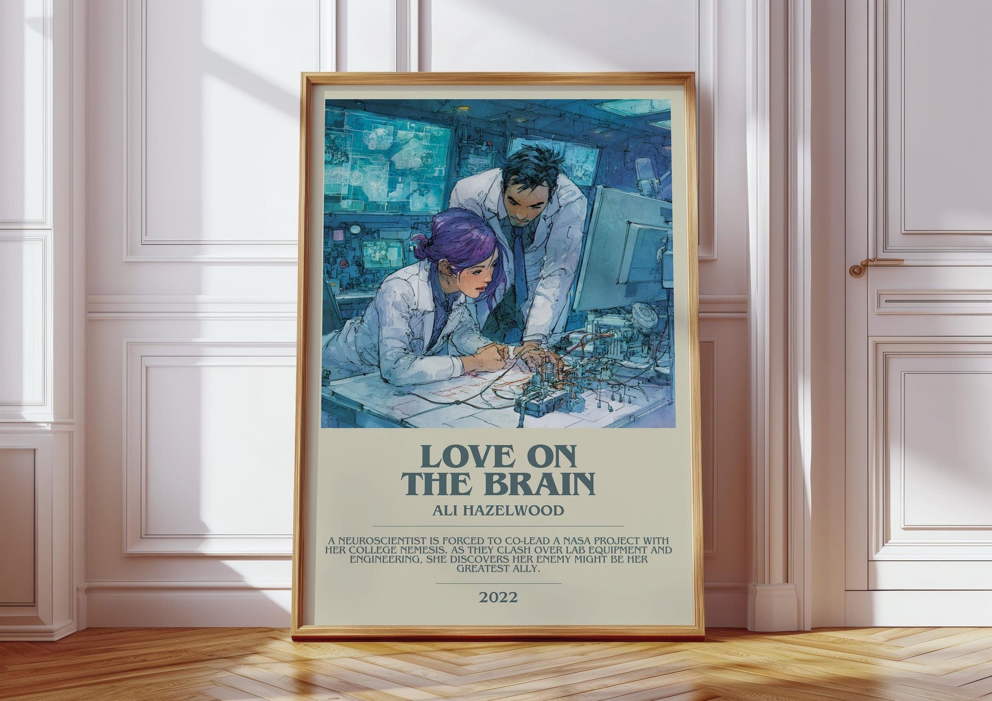 Love on the Brain bookish print in frame leaning in hallway – romance wall art