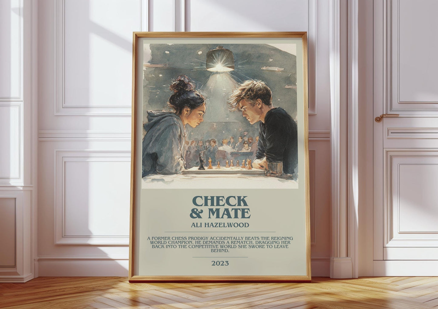 Check & Mate bookish print in frame leaning in hallway – romance wall art