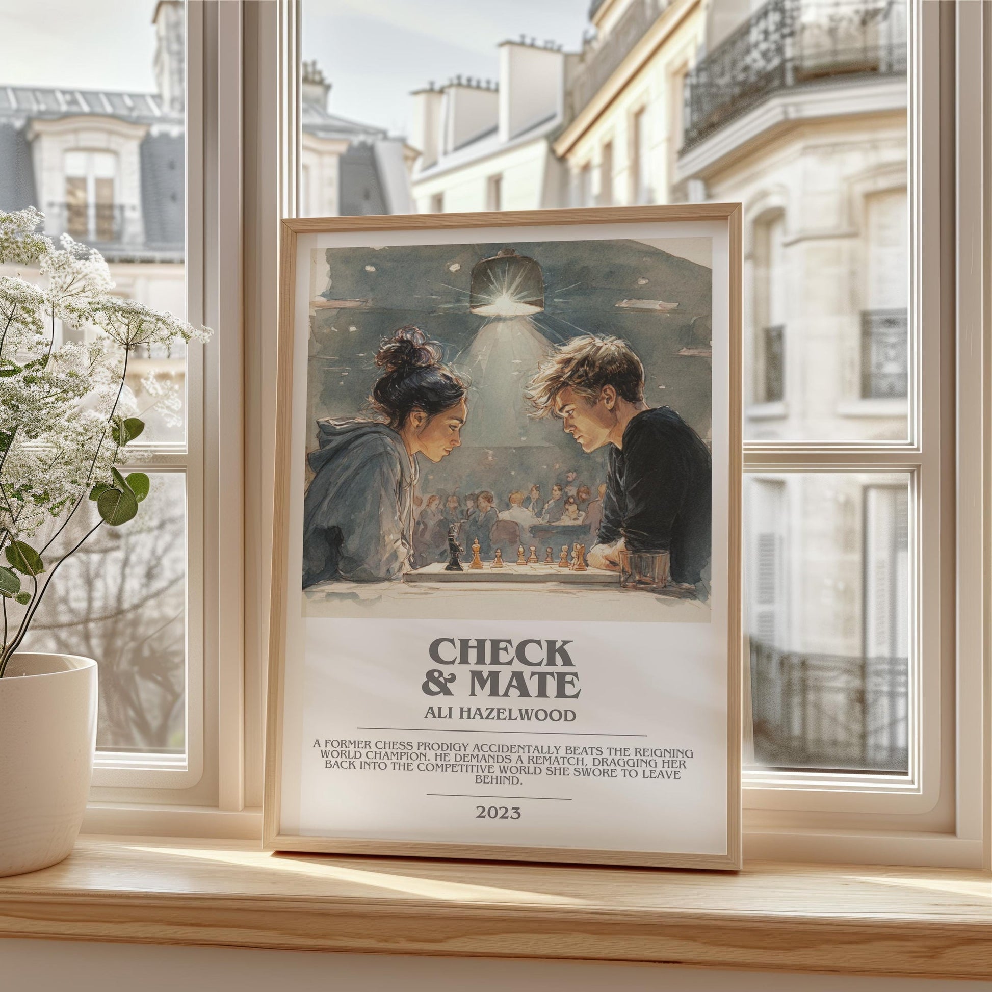 Check & Mate bookish print framed by window – literary home decor