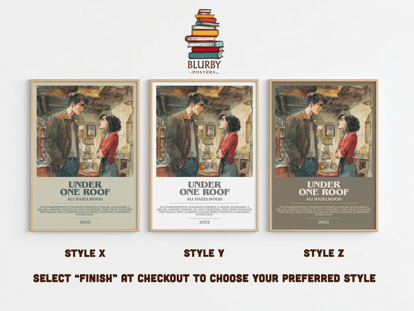 Under One Roof bookish poster colour and style options – Ali Hazelwood book art