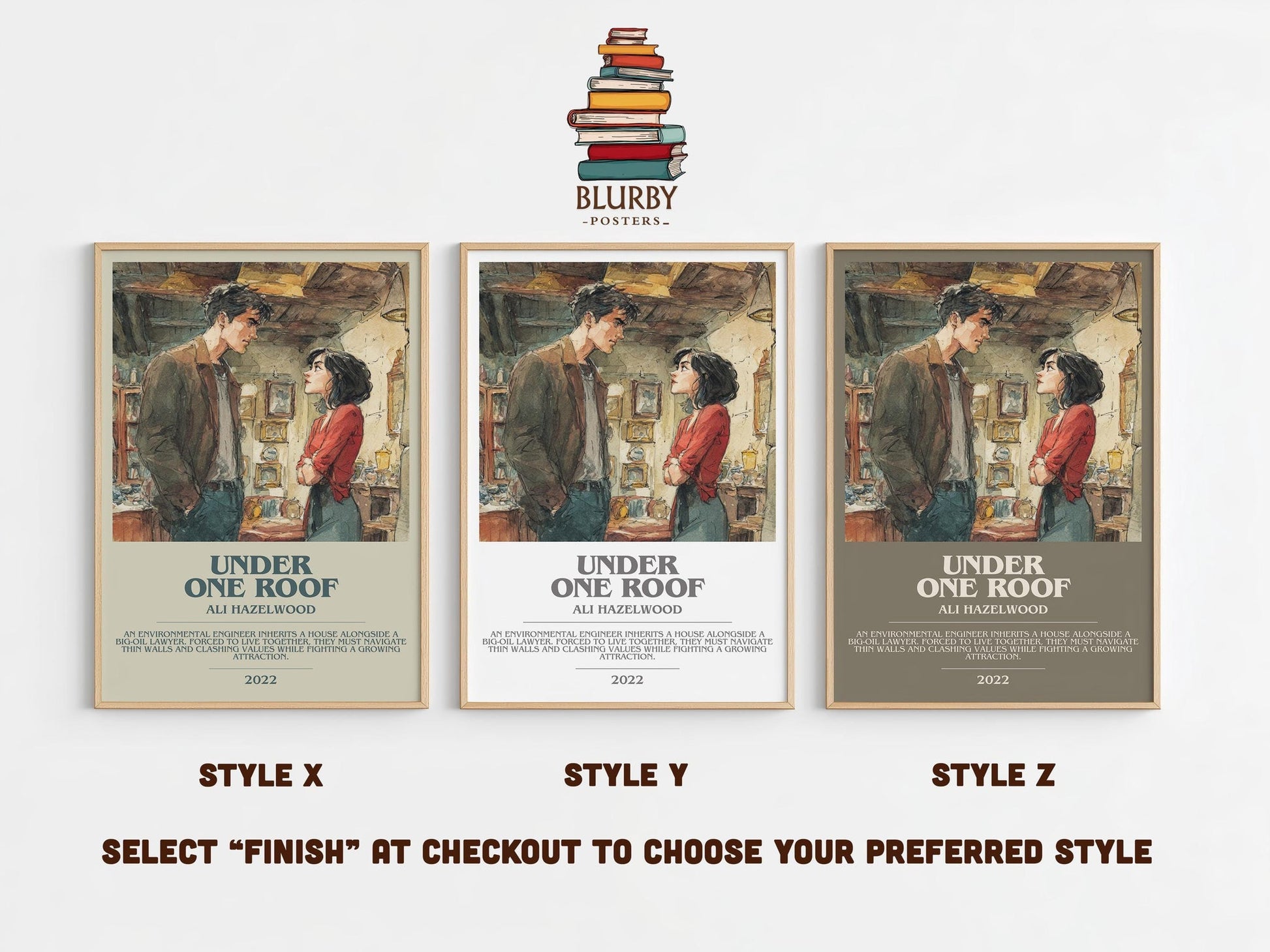 Under One Roof bookish poster colour and style options – Ali Hazelwood book art